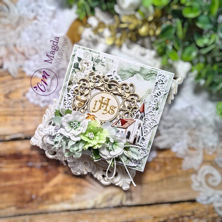 zdjęcie poglądowe kartka komunijna z kwiatami