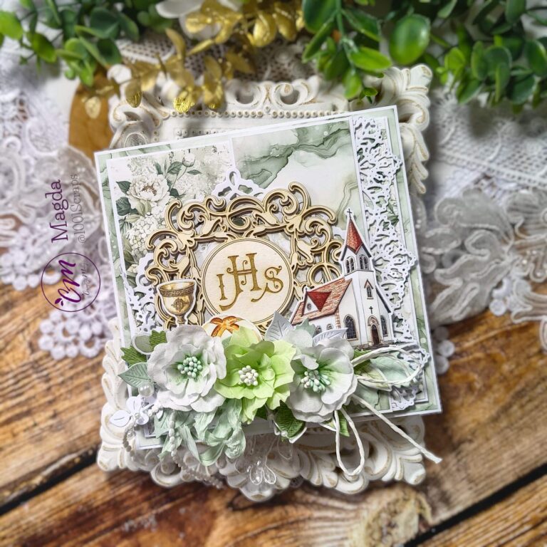 urocza kartka komunijna z kwiatami 