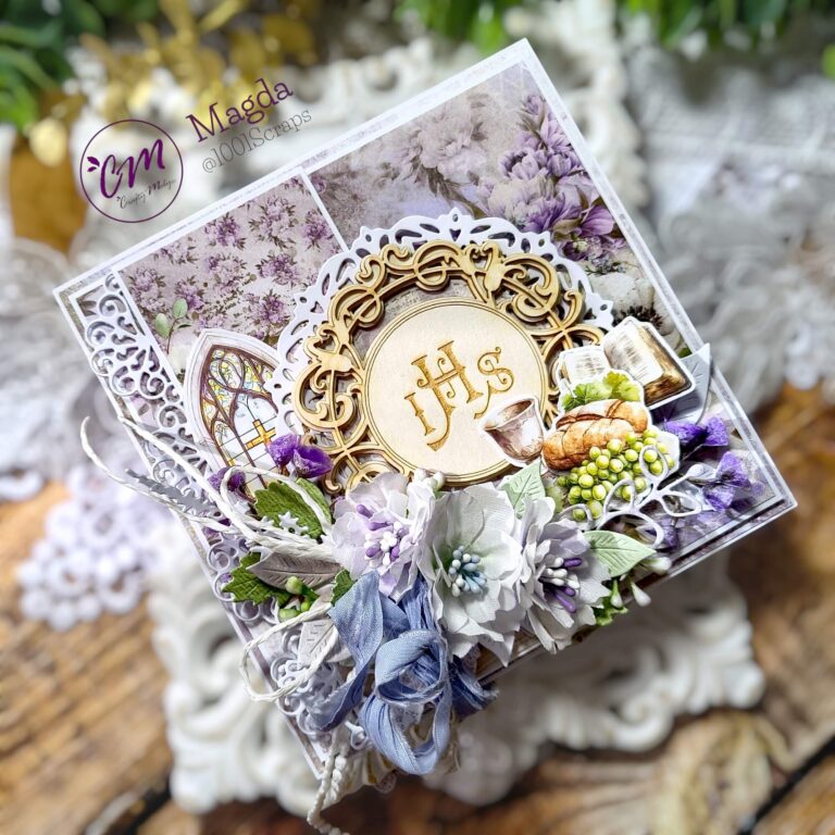 zdjęcie poglądowe kartki komunijnej w odcieniach fioletu